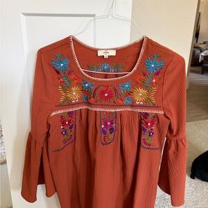 Johnny Was Rust Blouse with Floral Embroidery